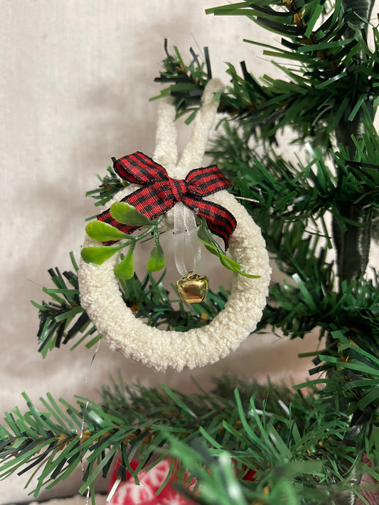 Rustic Tan Yarn Mini-Wreath Christmas Ornament w/Gold Bells-1