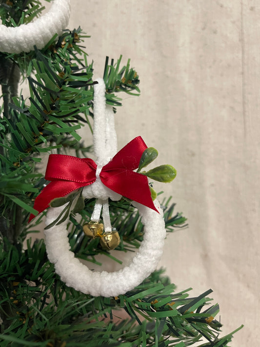 Plush White Yarn Christmas Wreath Ornament with red bow and gold bells