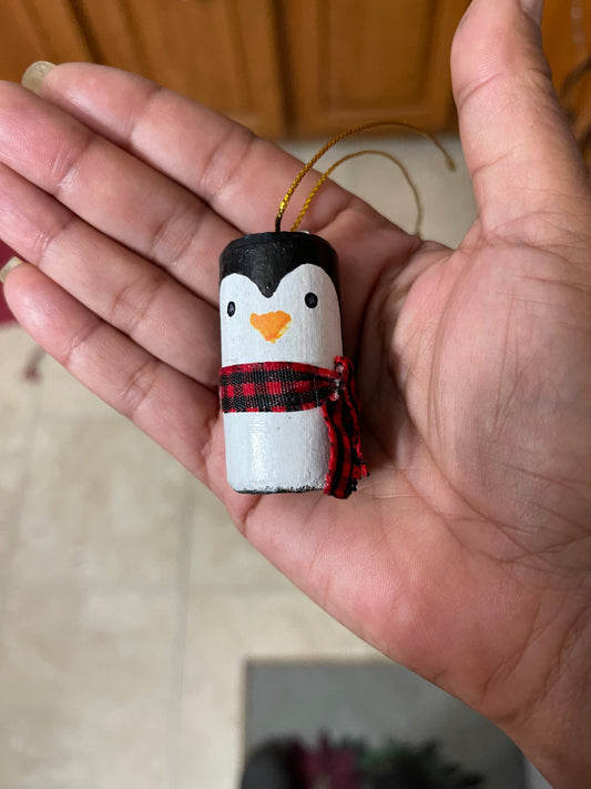 Cork Penguin Ornament w/ Red Checkered Scarf