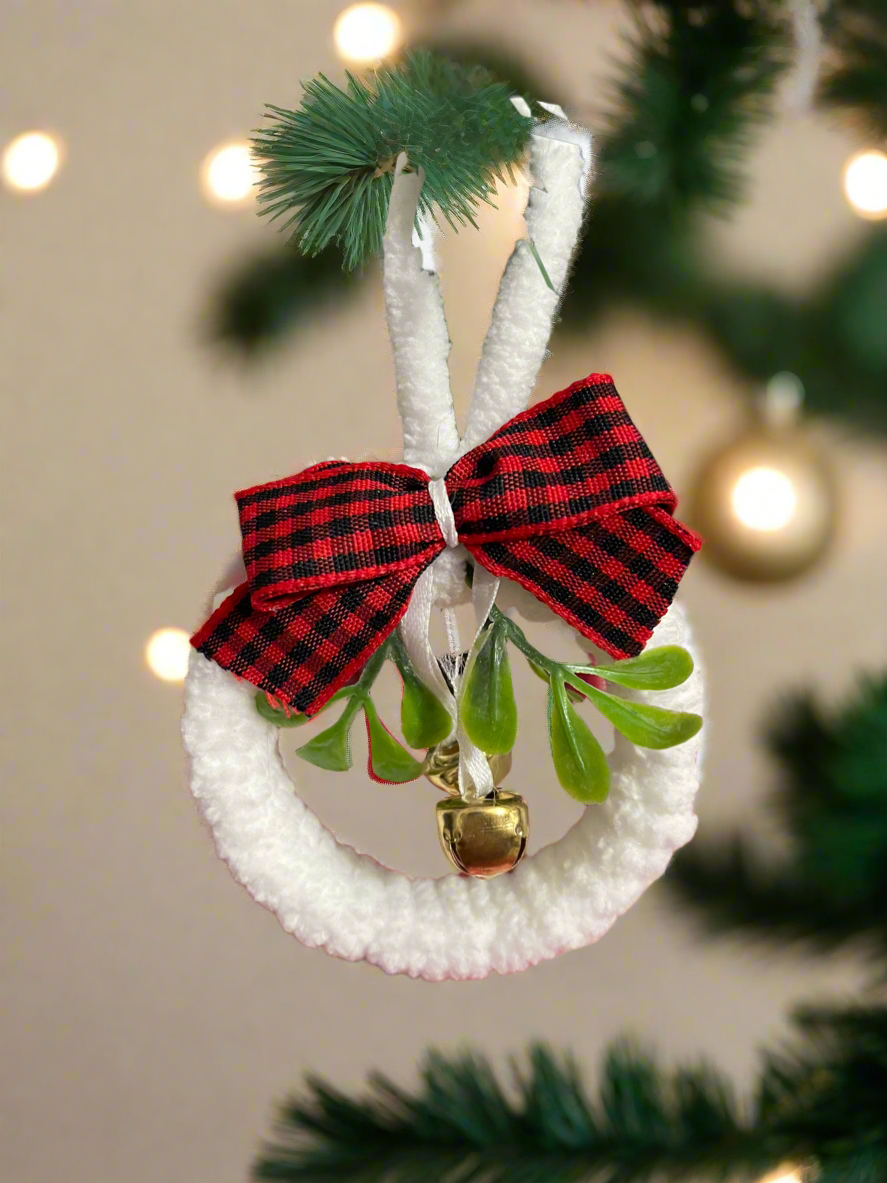 Plush White Yarn Christmas Wreath Ornaments w/red checkered bow and gold bells