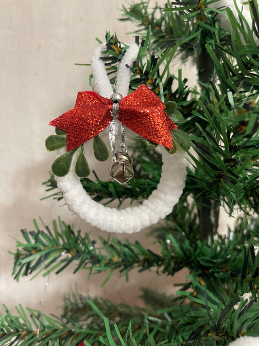 Plush White Yarn Christmas Wreath Ornament w/ red shiny bow and silver bells