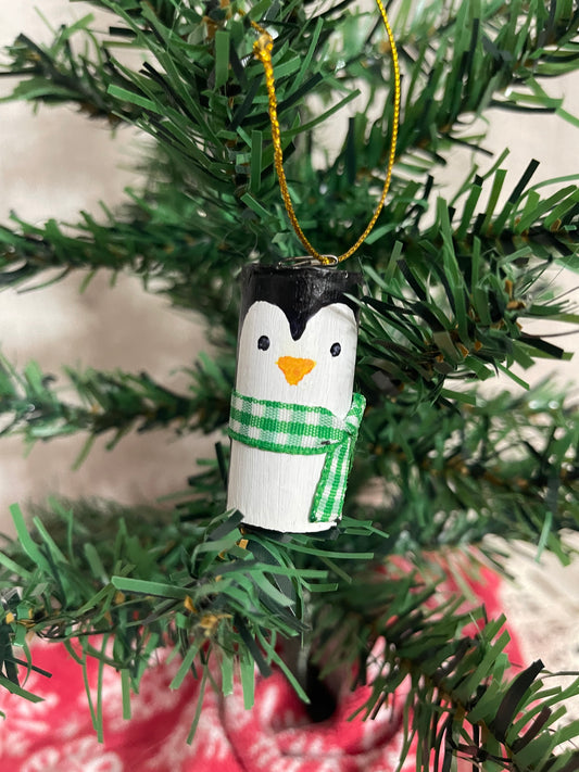 Cork Penguin Ornament w/ Green Checkered Scarf