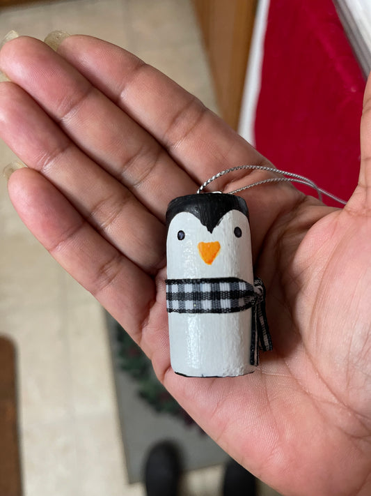 Cork Penguin Ornament w/ Black Checkered Scarf