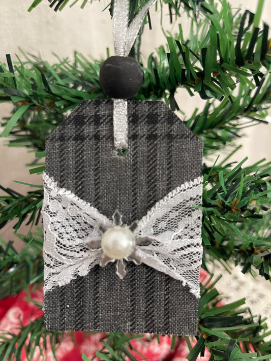 Grey Plaid with Lace Christmas Ornament-Black